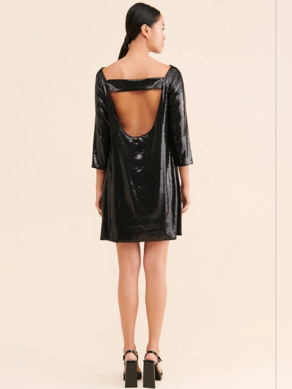 Anthropologie Ripley Rader Sequin Shift Black Open Back Mini Dress Size Small‎